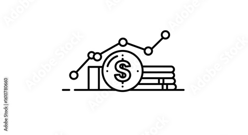 Financial Growth Illustrated: A minimalist monochrome illustration depicting the upward trajectory of financial success, featuring a rising graph and a stack of coins.