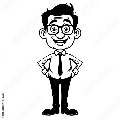 Cartoon man smiling with glasses and hands on hips in formal attire  