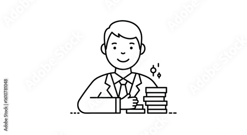 Wealthy Professional with Coins: A line art depicts a prosperous professional seated and arranging gold coins on the table.