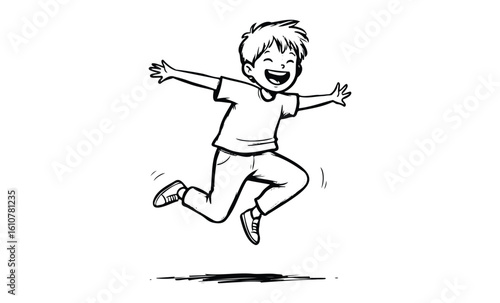 Cheerful caucasian child jumping in joyful black and white cartoon style. Vector retro hand drawn illustration