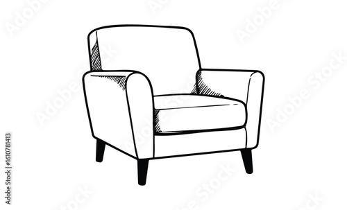 Black and white illustration of a comfortable armchair with wooden legs. Vector retro hand drawn illustration
