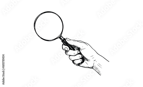 Hand holding magnifying glass in sketch style illustrating search and exploration concept. Vector retro hand drawn illustration