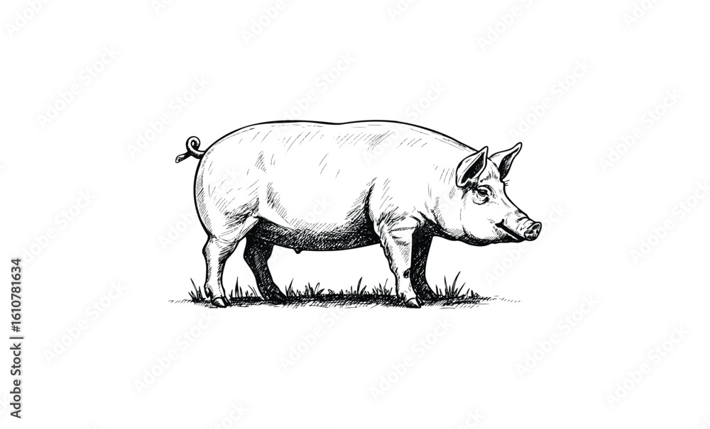 Fototapeta premium Detailed black and white sketch of a pig standing on grass. Vector retro hand drawn illustration