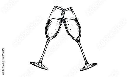 Elegant hand-drawn champagne glasses toasting: celebration and festivity. Vector retro hand drawn illustration