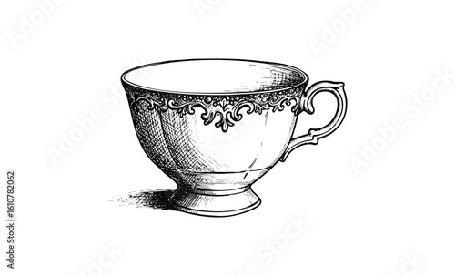 Vintage ornate tea cup black ink illustration with intricate design. Vector retro hand drawn illustration