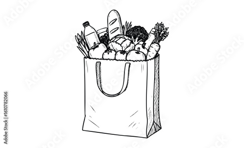 Hand-drawn grocery bag with fresh produce and baked goods black and white illustration. Vector retro hand drawn illustration