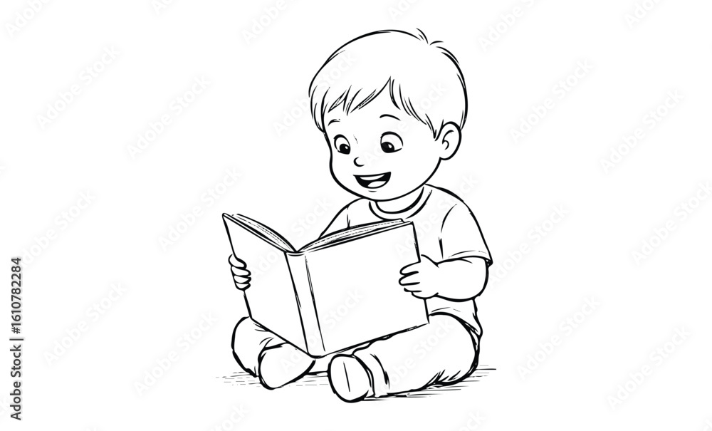 Asian young child reading book sitting on floor line art illustration. Vector retro hand drawn illustration Asian young child reading book sitting on floor line art illustration. Vector retro hand drawn illustration