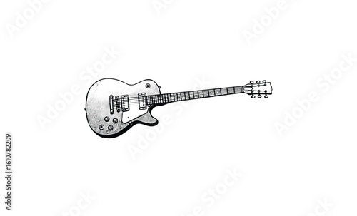 Monochrome electric guitar illustration with classic design and strings detailed artwork. Vector retro hand drawn illustration