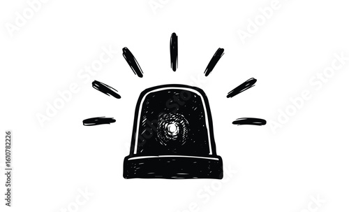 Hand-drawn emergency siren icon with light rays. Vector retro hand drawn illustration
