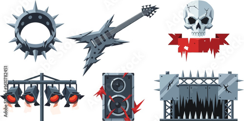 Metal music concert elements, including spiked collar, guitar, speaker, and skull logo.
