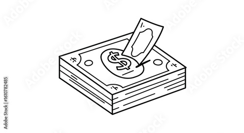 Money Pile Illustration: A simple, line art illustration depicts a stack of currency, with a single bill being removed.