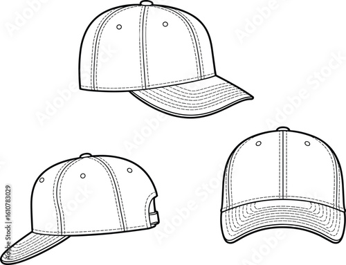 Baseball cap CAD drawing, flat vector illustration, hat technical sketch, headwear template, garment mockup, adjustable cap design, fashion accessory, detailed outline, production-ready file
