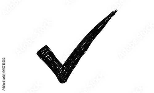 Bold black checkmark icon illustrating verification and approval concept. Vector retro hand drawn illustration