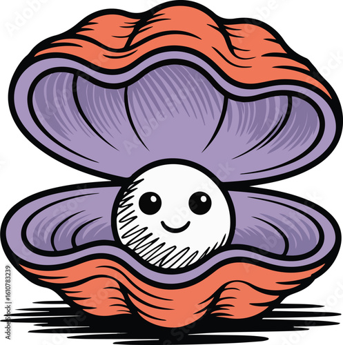 pearl sits inside an open clam Crayon style transparent png vector