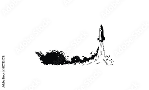 Black and white rocket launch with smoke trail in simple illustration. Vector retro hand drawn illustration