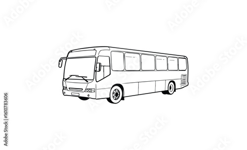 Black and white outline of a modern bus design. Vector retro hand drawn illustration