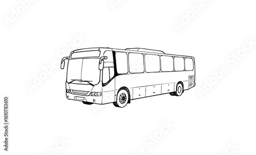 Black and white line drawing of a modern bus on a white background. Vector retro hand drawn illustration