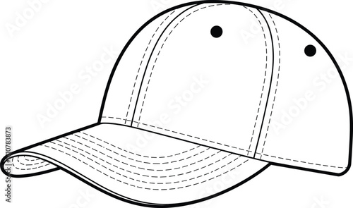 Baseball cap vector, flat fashion illustration, hat outline drawing, adjustable headwear design, curved brim style, stitching detail lines, casual accessory, CAD