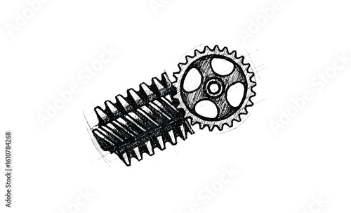 Hand-drawn worm gear and wheel sketch showing mechanical detail and engineering design. Vector retro hand drawn illustration