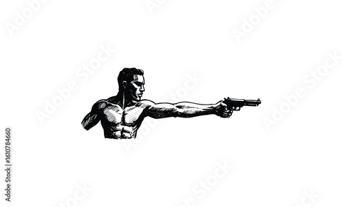 Illustration of strong male aiming pistol with muscular detail. Vector retro hand drawn illustration