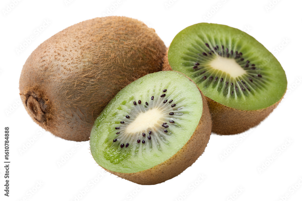 Obraz premium Cut kiwi fruit, whole and sliced isolated on transparent background