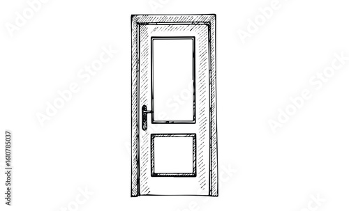 Sketch of wooden door with rectangular panels and classic handle. Vector retro hand drawn illustration