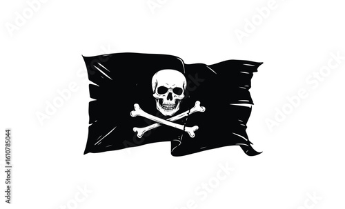 Classic pirate flag with skull and crossbones on black background. Vector retro hand drawn illustration