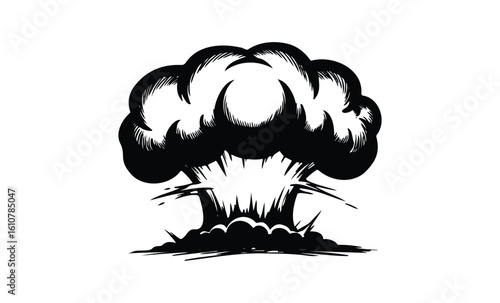 Monochrome explosion artwork: dynamic black and white mushroom cloud design. Vector retro hand drawn illustration