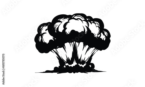 Monochrome mushroom cloud explosion in retro comic style. Vector retro hand drawn illustration