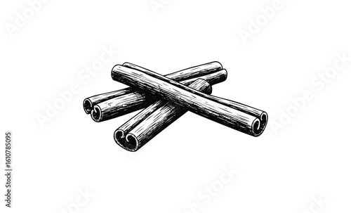 Hand-drawn black and white illustration of cinnamon sticks in crossed arrangement. Vector retro hand drawn illustration