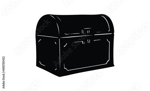 Black silhouette of closed treasure chest isolated. Vector retro hand drawn illustration