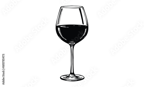 Black and white line art of red wine glass. Vector retro hand drawn illustration