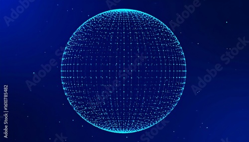 A glowing wireframe sphere against a dark blue background