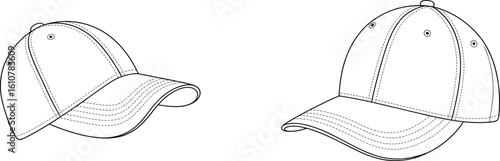 Baseball cap vector, flat fashion sketch, hat outline drawing, technical design template, front and side view, adjustable headwear, stitching details, casual accessory, CAD illustration mockup