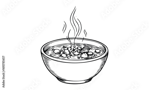 Hand-drawn bowl of hot soup with steam rising. Vector retro hand drawn illustration