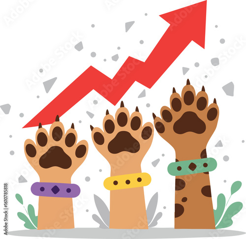 Cat paws with colorful bracelets and upward red arrow symbolizing growth vector illustration 