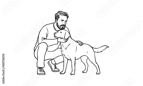 Young caucasian male interacting with labrador dog illustration. Vector retro hand drawn illustration
