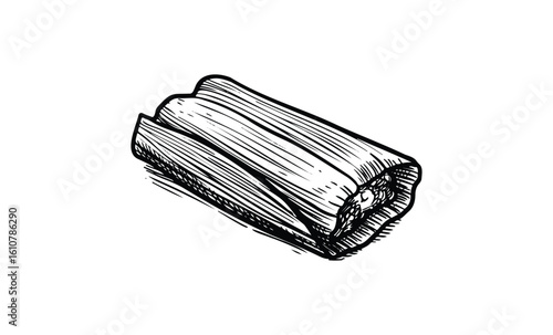 Hand-drawn illustration of wrapped tamale in black and white. Vector retro hand drawn illustration
