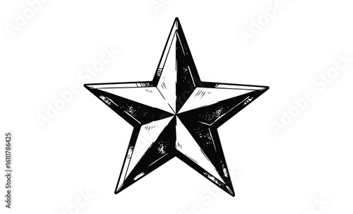 Black and white five-pointed star with grunge texture. Vector retro hand drawn illustration