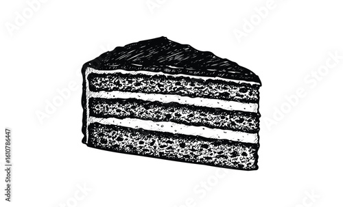 Hand-drawn layered chocolate cake slice with rich detailing. Vector retro hand drawn illustration