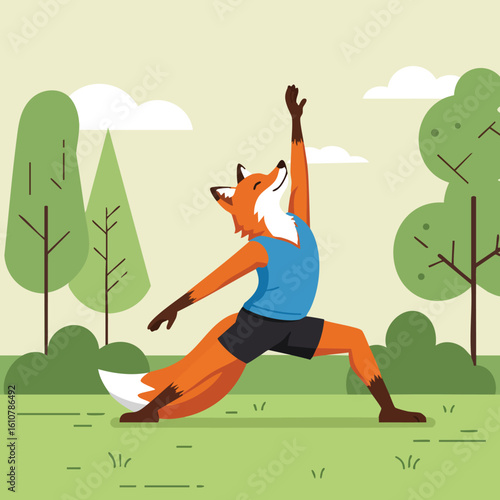 Fox doing yoga stretching exercise in outdoor park with green trees and light sky background vector illustration 