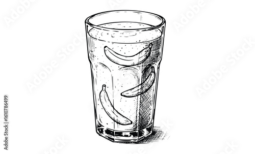 Sketch of a glass of banana-infused water with detailed line art. Vector retro hand drawn illustration