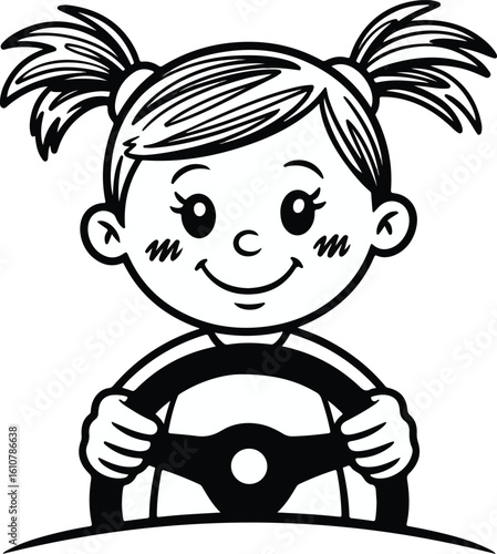 girl happily driving Crayon style transparent png vector