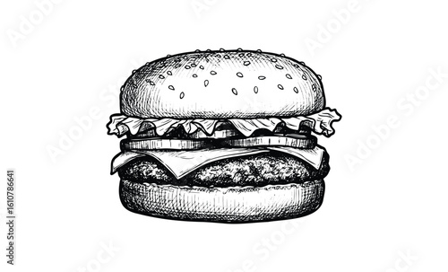 Vintage hamburger sketch with lettuce cheese and beef patty. Vector retro hand drawn illustration