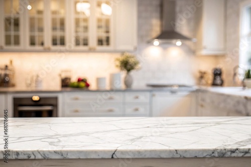 Luxurious white marble tabletop with a blurred modern kitchen interior, perfect for product display or design mockups.