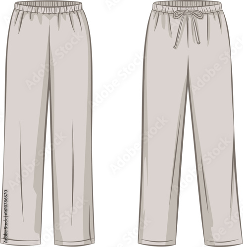 Basic straight leg pants cad drawing, vector fashion sketch, comfortable fit, elastic waistband, drawstring detail, loungewear style, casual trousers technical illustration