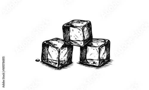 Illustration of three hand-drawn ice cubes. Vector retro hand drawn illustration