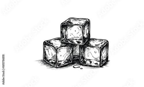 Sketch of three stacked ice cubes in black and white ink design. Vector retro hand drawn illustration