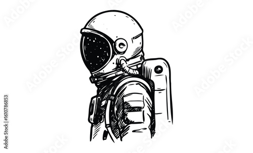 Black and white drawing of an astronaut in space suit. Vector retro hand drawn illustration