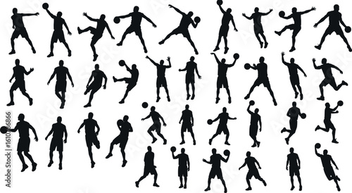 Basketball player silhouette collection, vector sports illustration, athlete action poses, jump shoot dunk motion, black outline set, sport dynamic concept for graphic design